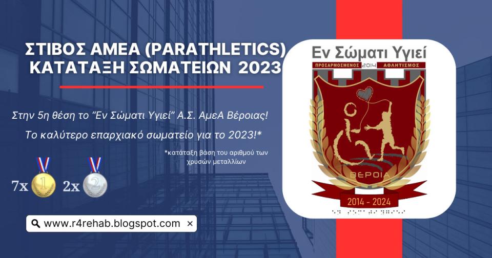 Στην 5η θέση το "Εν Σώματι Υγιεί" στον Πίνακα Κατάταξης Σωματείων Στίβου ΑμεΑ για το 2023