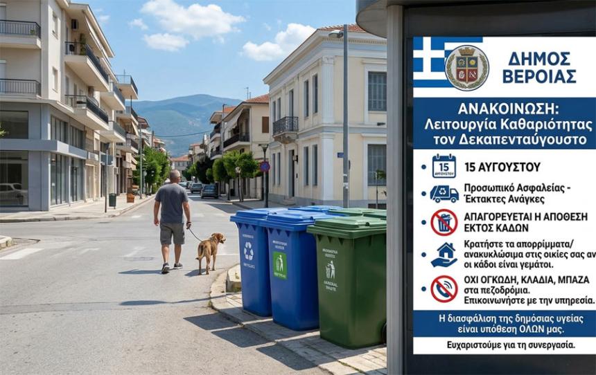 Δήμος Βέροιας: Λειτουργία της Υπηρεσίας Καθαριότητας - Ανακυκλώσιμων Υλικών  τις ημέρες του Δεκαπενταύγουστου