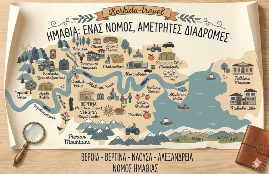 Εικονογραφημένος χάρτης περιοχών Ημαθίας για road trip - Kerkida Travel